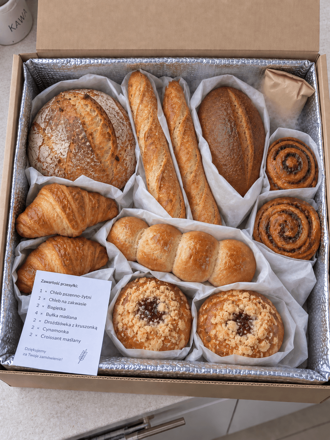 Otwarty box Regular z góry: wypieki w papierze, wkład chłodzący i karta ze składem